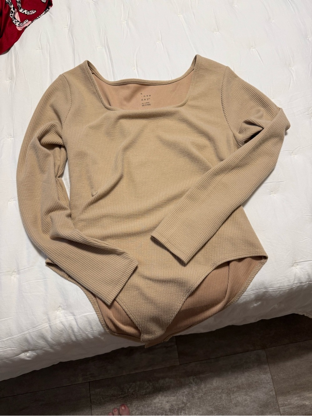 Women’s Long Sleeve Ribbed Square Neck Bodysuit - Beige